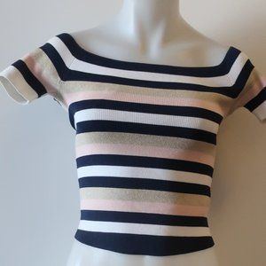 SCRIPTED NAVY BLUE/PINK/WHT/GOLD STRIPED SHORT SLEEVE TOP SZ XS*